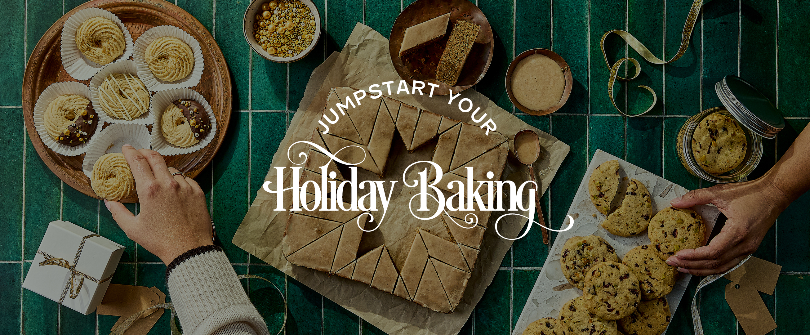 Spiced cake bars with text Jumpstart your Holiday Baking