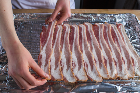 1. Lay strips of bacon on a wire rack