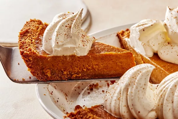 Removing a slice of pumpkin pie with whipped cream and ground cinnamon from a white pie plate with a pie lifter